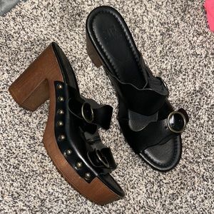 Ayesha Curry wooden black heels size 8.5 but fit smaller.